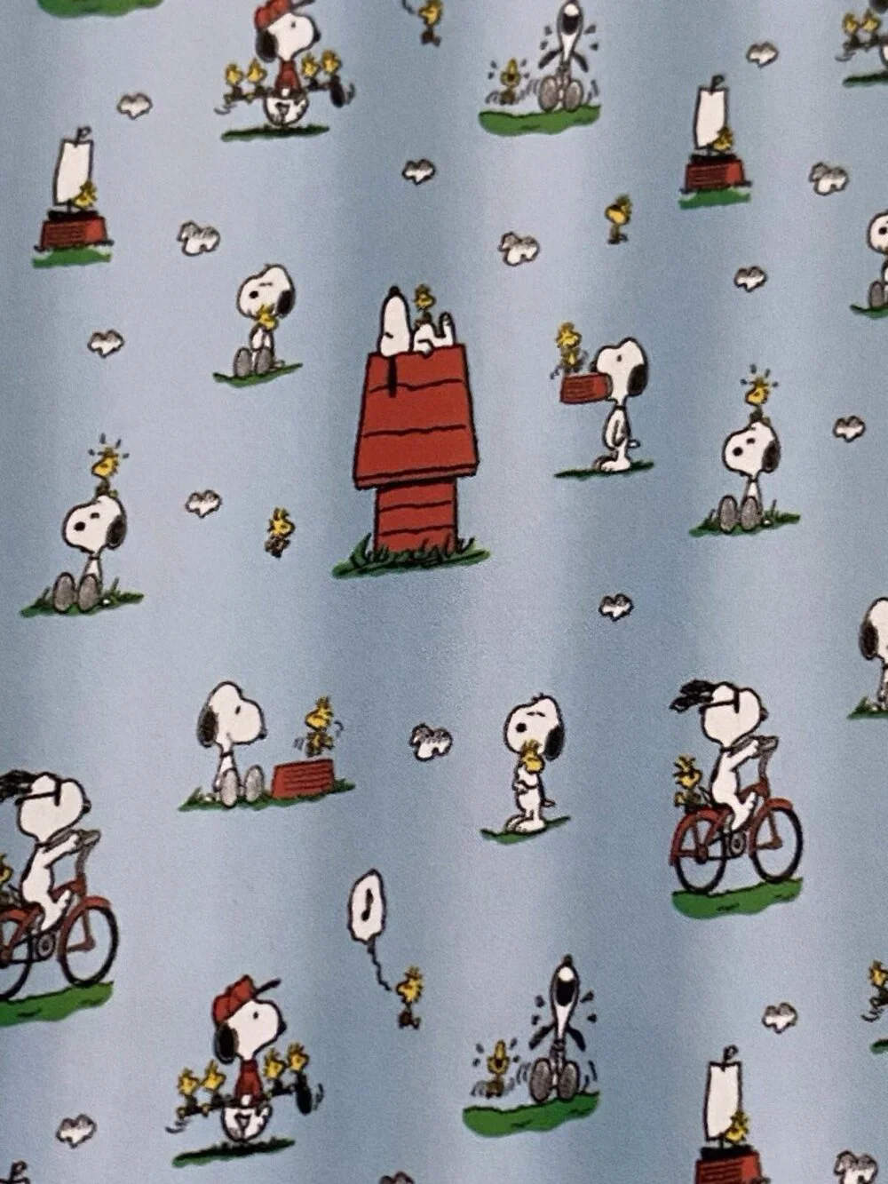 Peanuts Snoopy Woodstock Fabric Shower Curtain 72x 72 Doghouse Bicycle Laugh NEW
